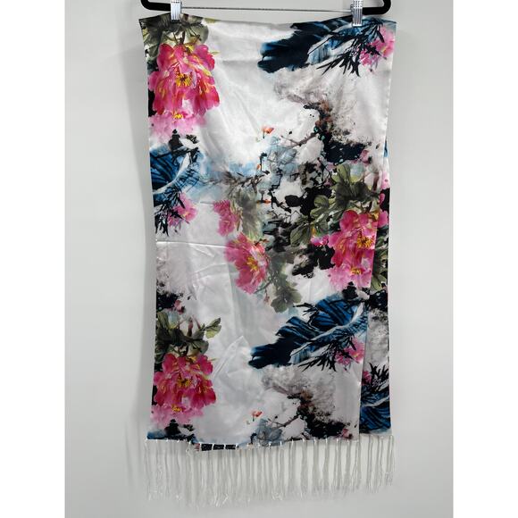 White Pink Floral Print Scarf 100% Silk Feel Wrap Shawl Fringed Rectangular - Picture 1 of 10